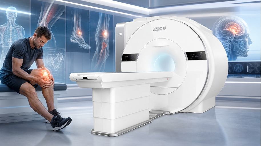 Atleta con lesión de rodilla junto a la resonancia 5 Tesla